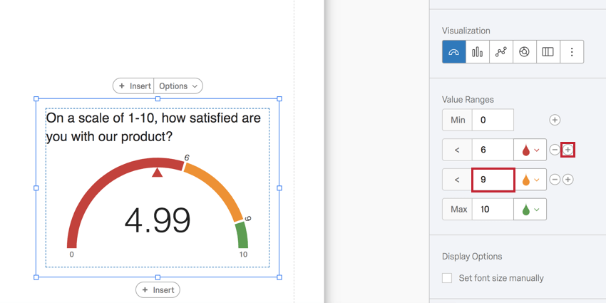 editing a gauge chart with the plus sign and new range highlighted