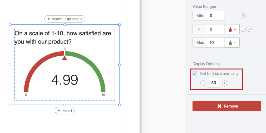 editing a gauge chart with the "set font size manually" setting highlighted