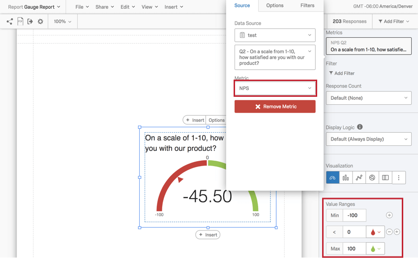 editar um gráfico com indicadores com a métrica NPS selecionada