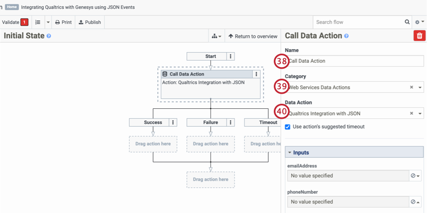 giving the call data action a name, selecting the category, and selecting the data action we created earlier