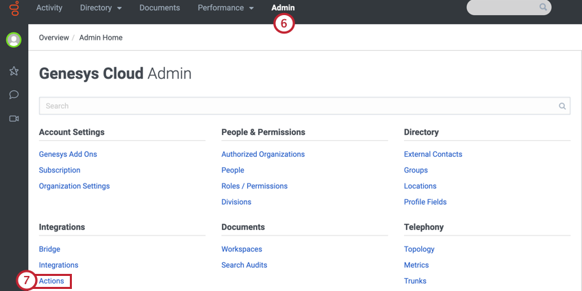 Zugriff auf Aktionen über die Registerkarte „Admin“