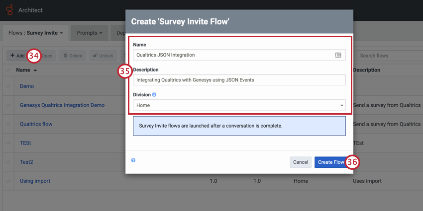 giving the flow a name, description, and division