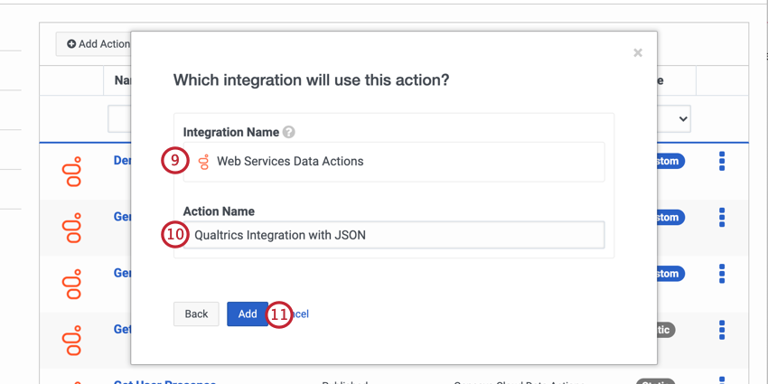 giving the integration a name and giving the action a name