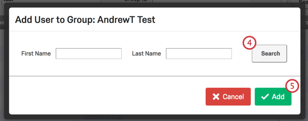 First and Last Name search boxes in the Add User to Group menu
