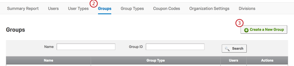Create a New Group button in top-right corner of Groups tab in the Admin page