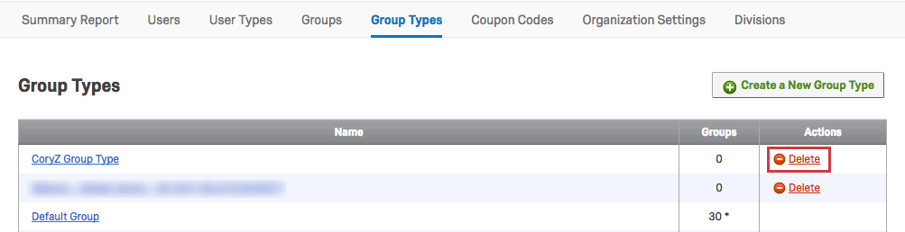 Option to Delete a Group Type in the righthand column called Actions