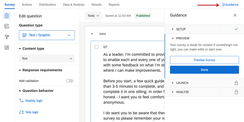 the guidance panel open on the right side of the survey builer