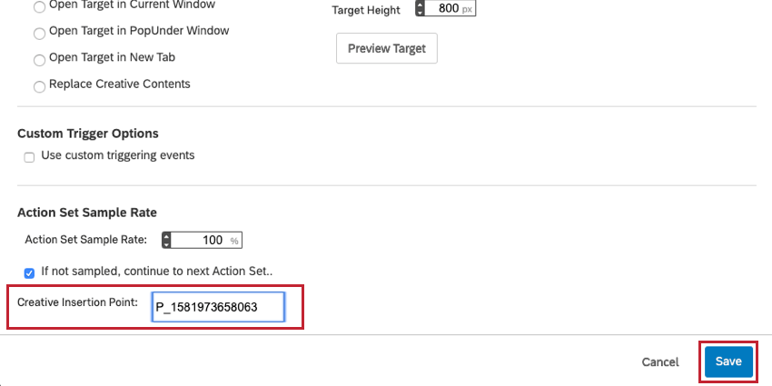 imagem do campo Criativo Insertion Point (Ponto de inserção criativo ) em Advanced Options (Opções avançadas). O valor da ID HTML do contêiner é inserido no campo.