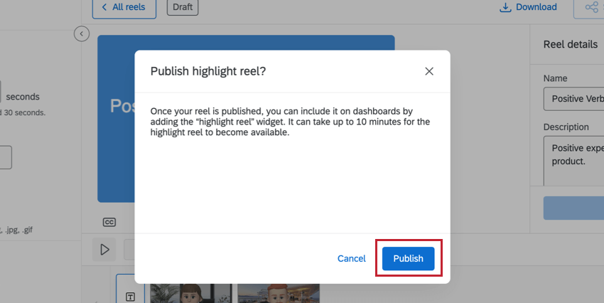 Bouton Publier dans la fenêtre pop-up Séquence de moments forts