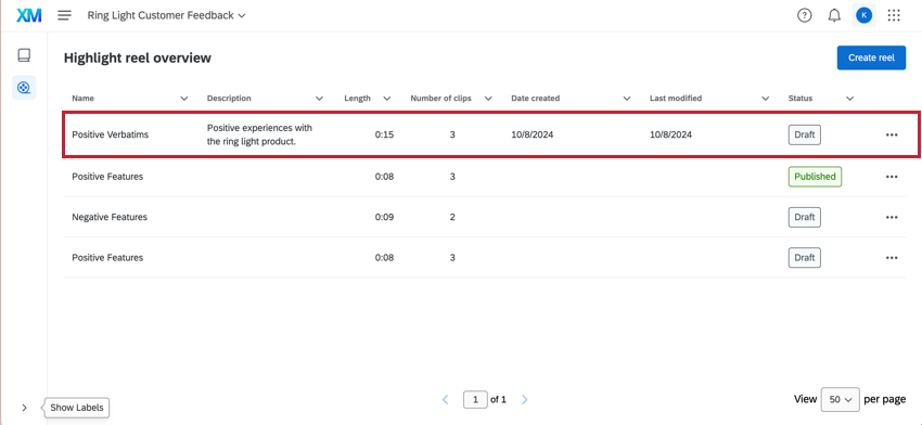 Ein Reel in der Tabelle Highlight-Reels