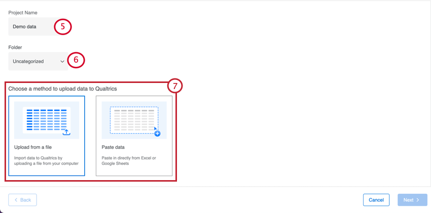 giving the project a name, choosing the folder, and selecting the import method
