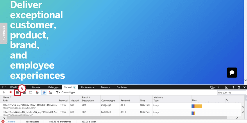 image of the export as HAR button in internet explorer