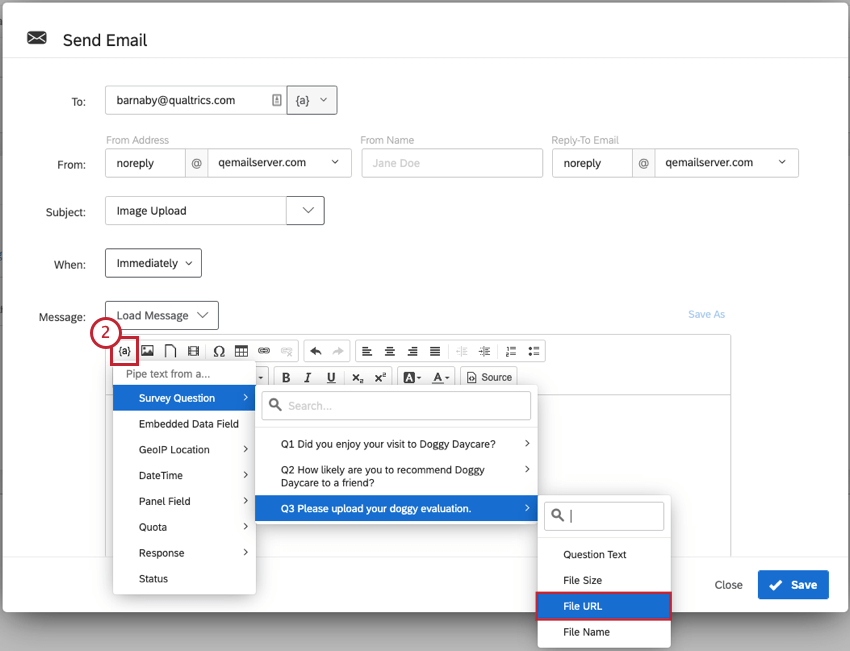 Immagine della schermata Attività e-mail con Testo trasferito selezionato per lURL del file caricato