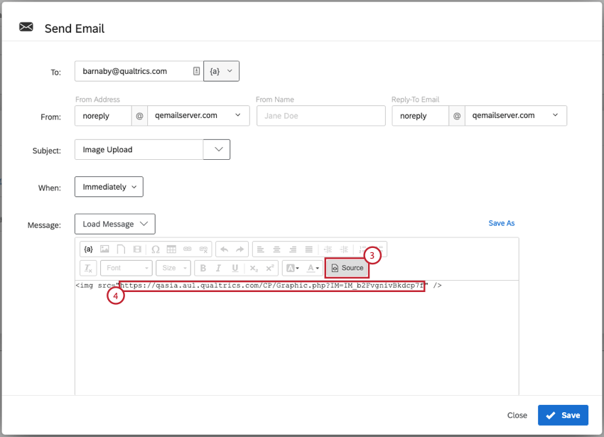 Abbildung des E-Mail-Aufgabenbildschirms; HTML-Quellcode ist ausgewählt