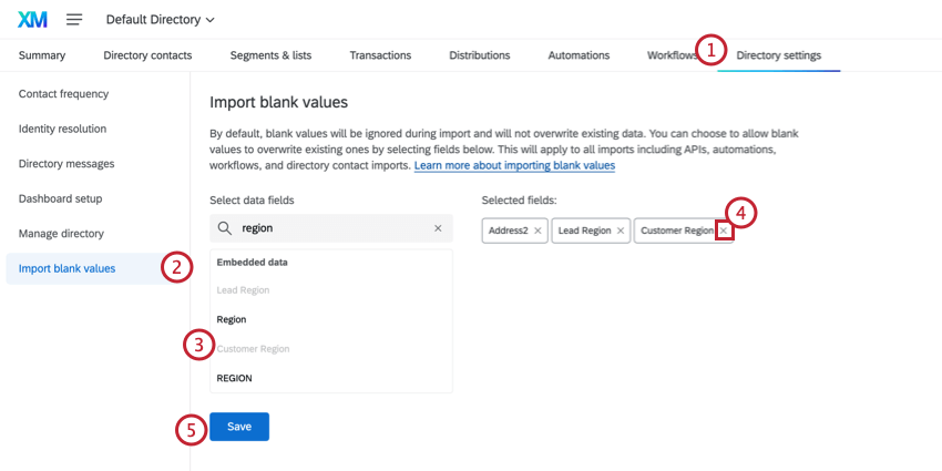 Import Blank Values section of the directory settings, with the areas of the settings highlighted
