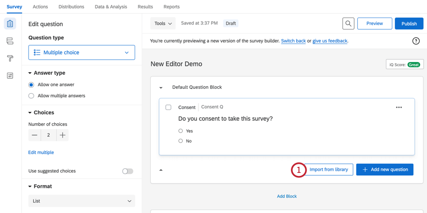 the import from library button in a block in the survey editor