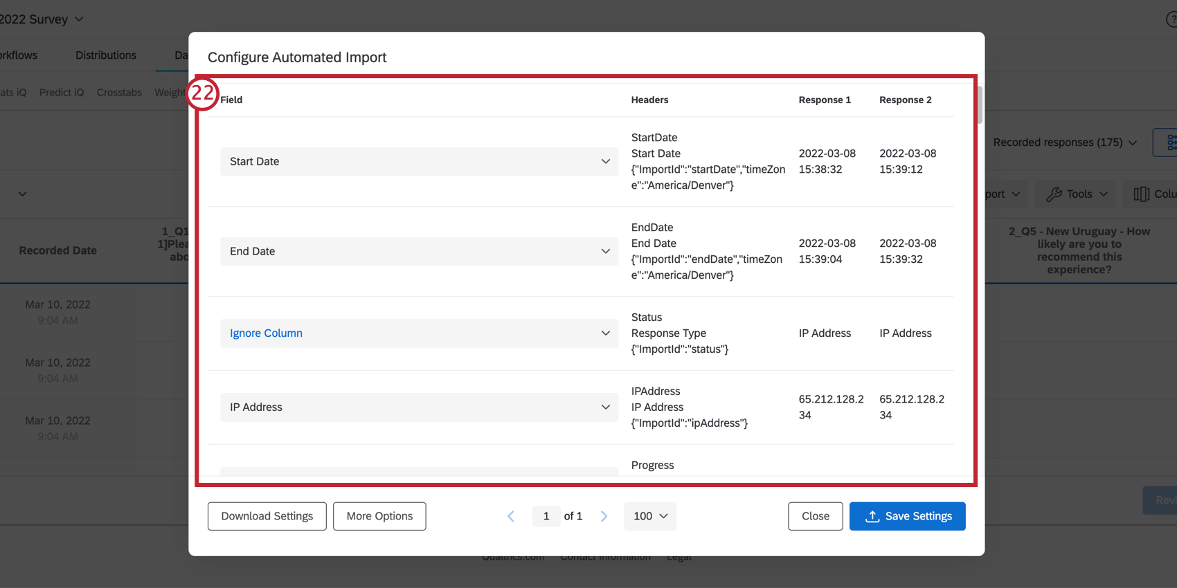 mapping the fields from the sample file to fields in the survey