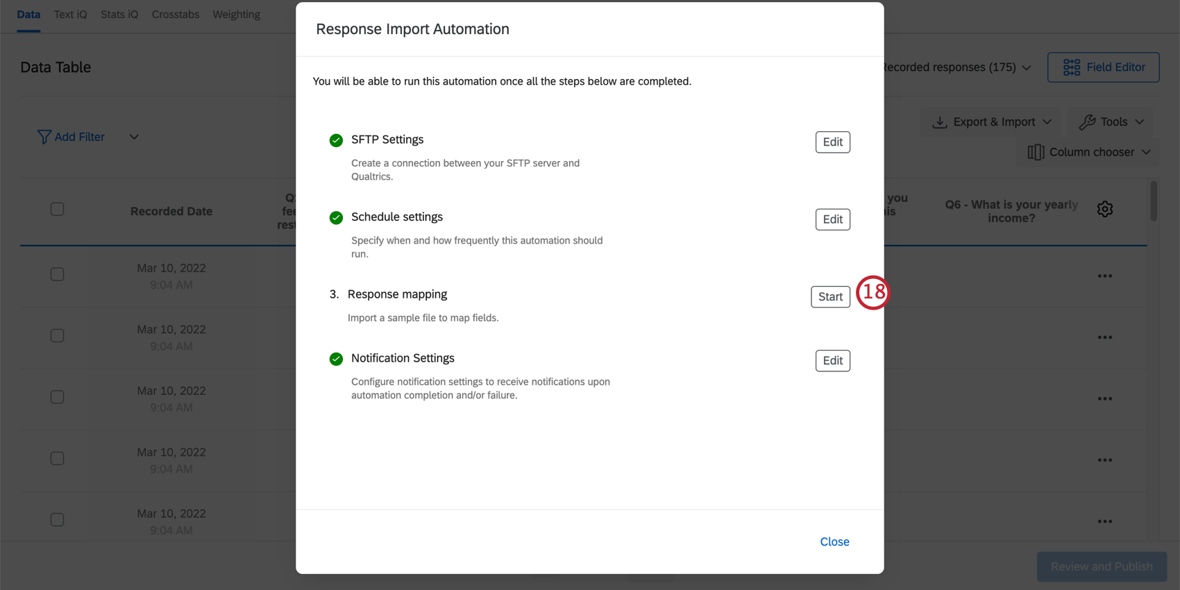 creating a response import automation. click start next to response mapping