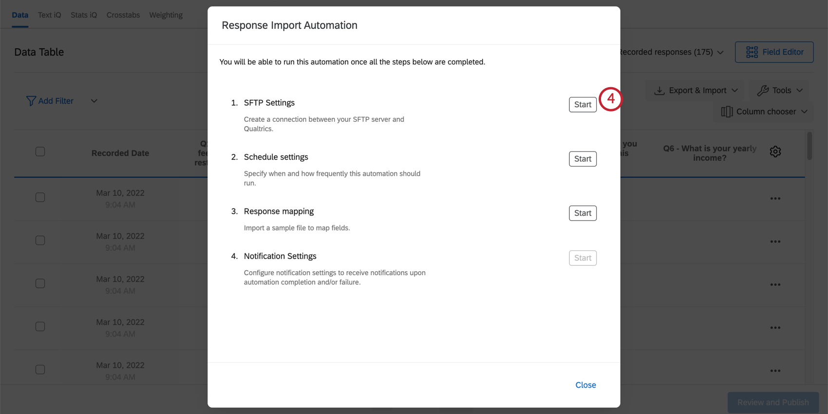 Seleccione Inicio a la derecha de Configuración de SFTP