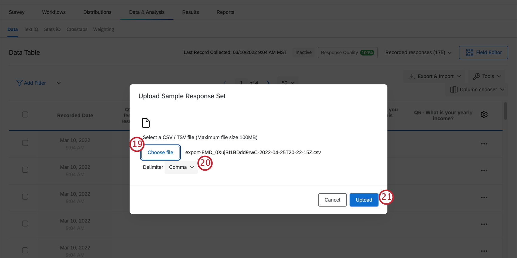 clique em browse para carregar um arquivo e use o menu suspenso de delimitador para selecionar o delimitador amostra arquivo