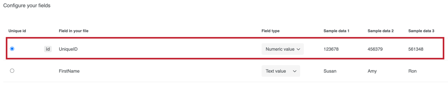 Mostra o menu de configuração projeto de dados importados