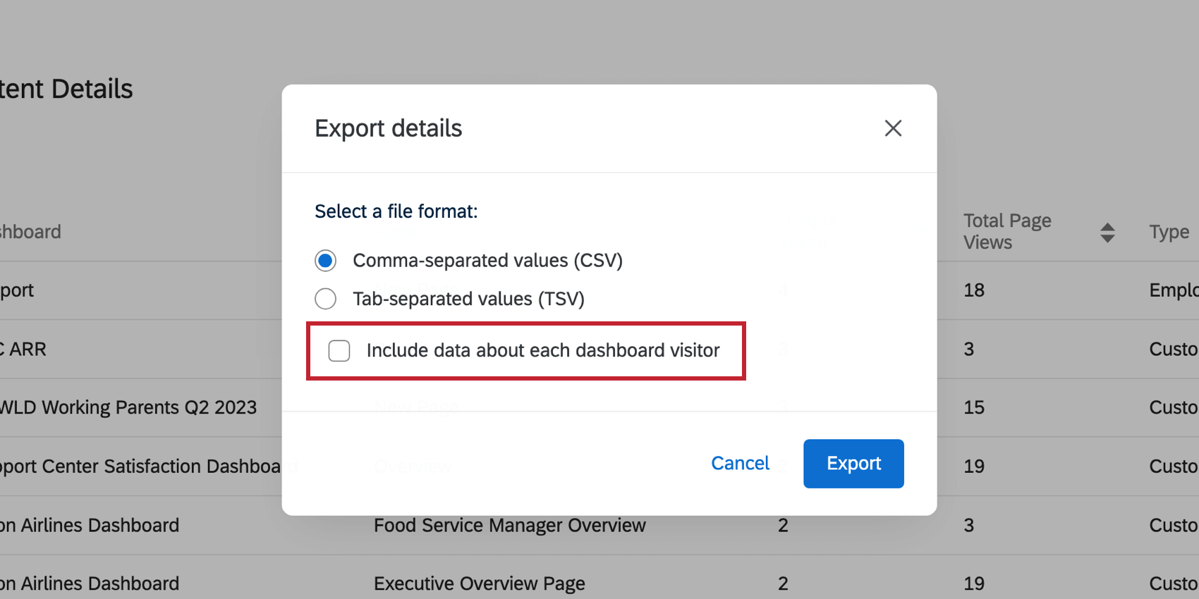 Destaca a opção Incluir dados sobre cada Dashboard nos detalhes da exportação