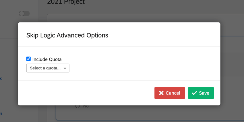 the advanced skip logic window showing the include quota checkbox