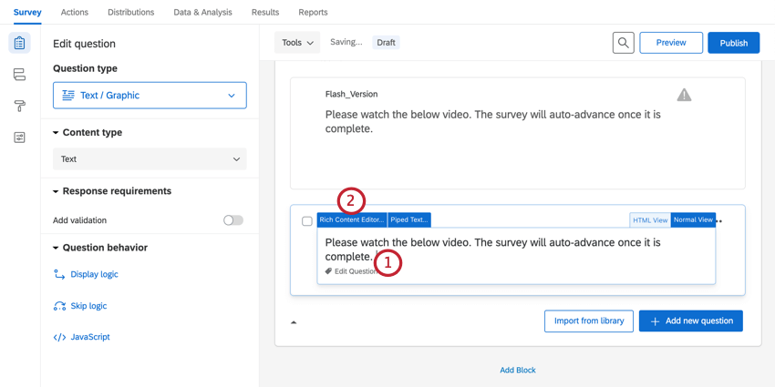 Auswählen des Rich Content Editor für eine Frage