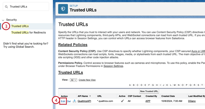 TrustedURLs section of settings