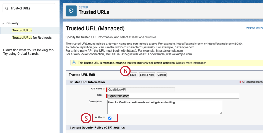 Case à cocher active dans les paramètres des URL de confiance