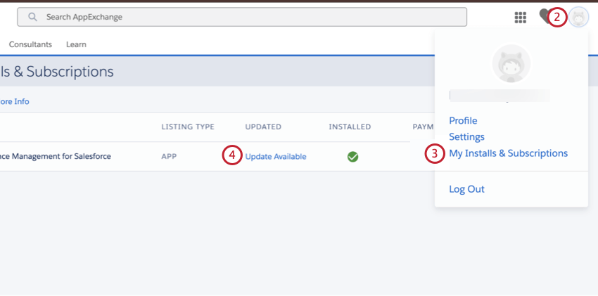 My Installs & Subscriptions section of salesforce