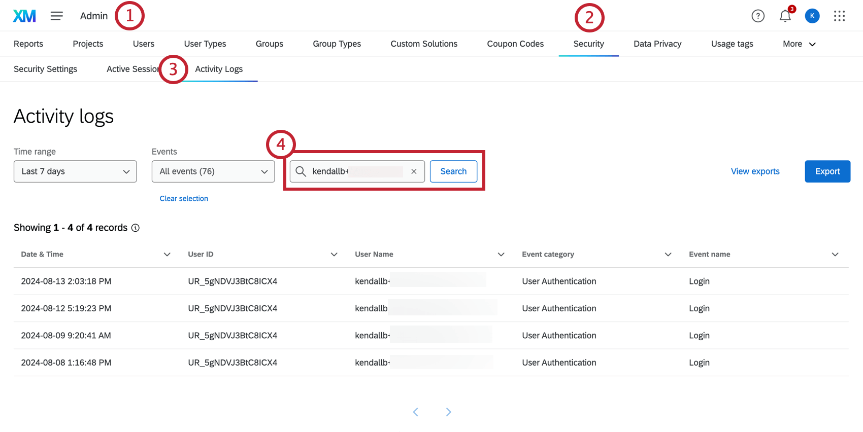 En la pestaña de registros de actividad, la barra de búsqueda está resaltada