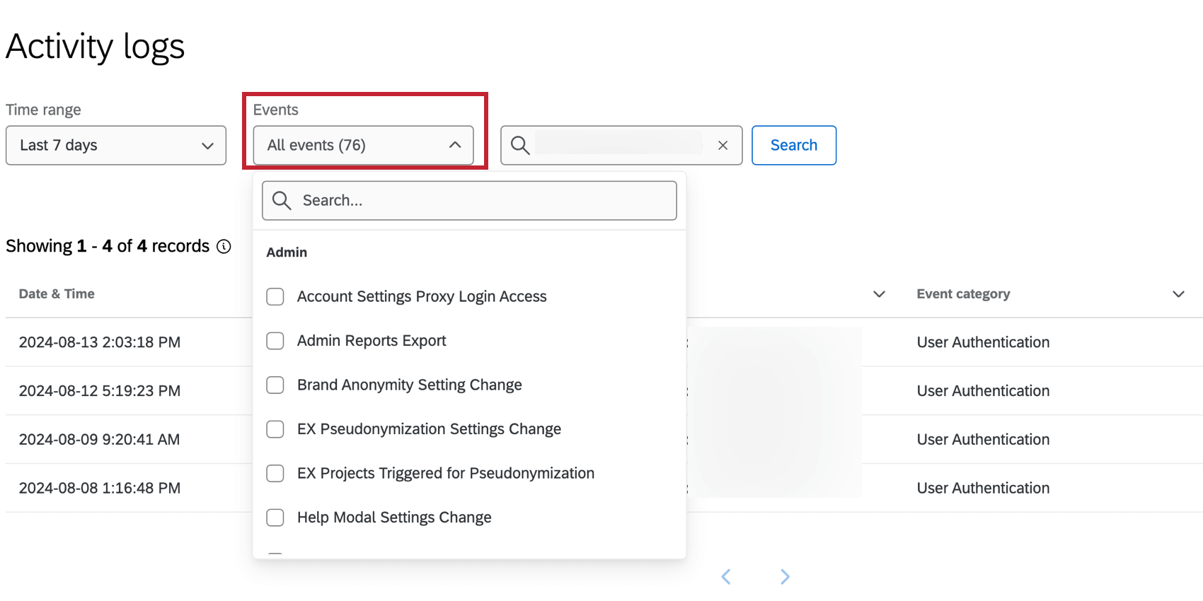 events bar in the activity logs section, the dropdown is highlighted