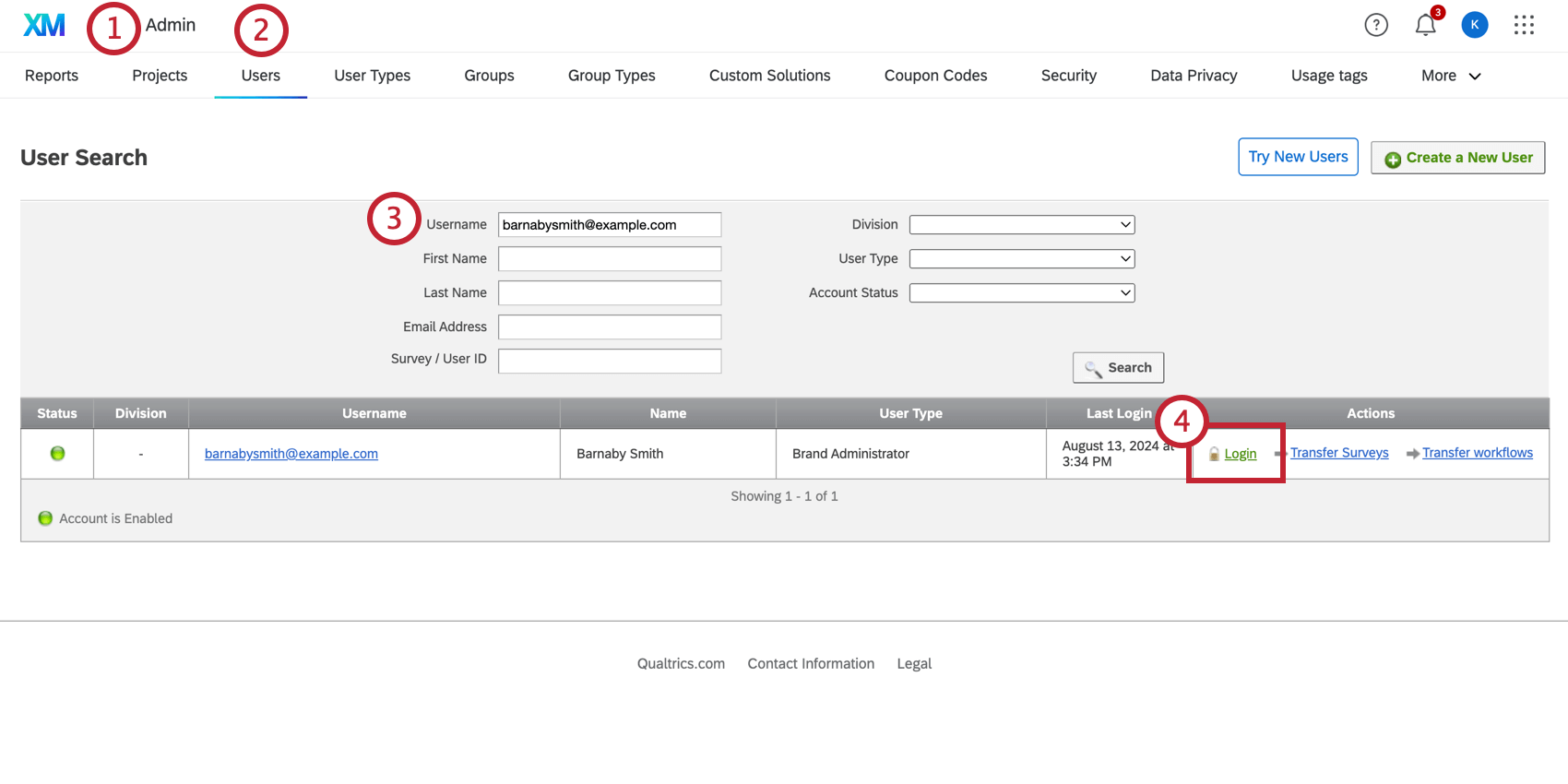 Nas configurações do administrador, a guia de usuários com um usuário selecionado e o login destacado