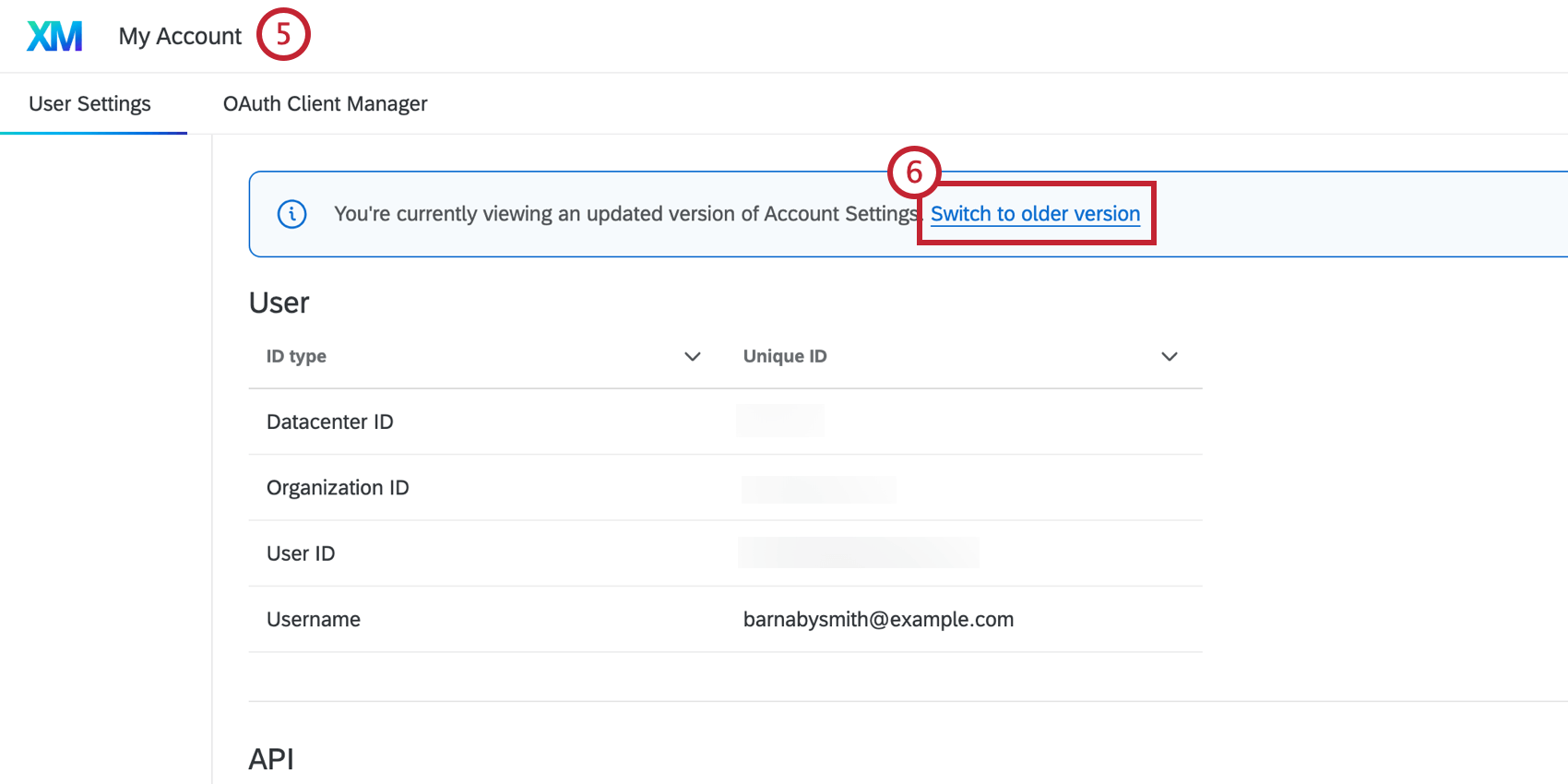 Account settings, with the switch back to older version banner highlighted