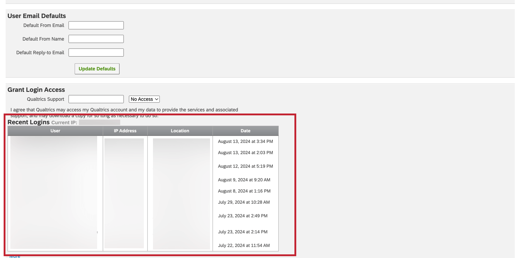 Table of recent logins