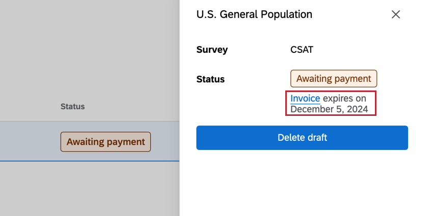 The invoice link in the status section of the panel information menu