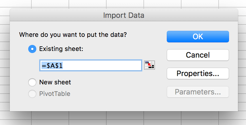 Import Data menu with Existing Sheet radio button selected
