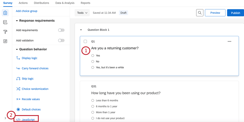 質問を選択し、Javascriptをクリックする