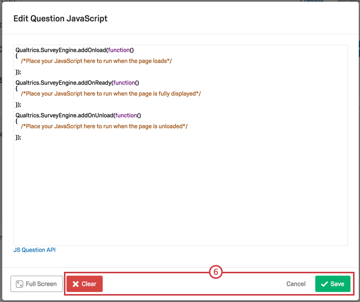 En la ventana de edición de JavaScript, el botón de borrar está en la parte inferior izquierda, mientras que cancelar y guardar están en la parte inferior derecha.