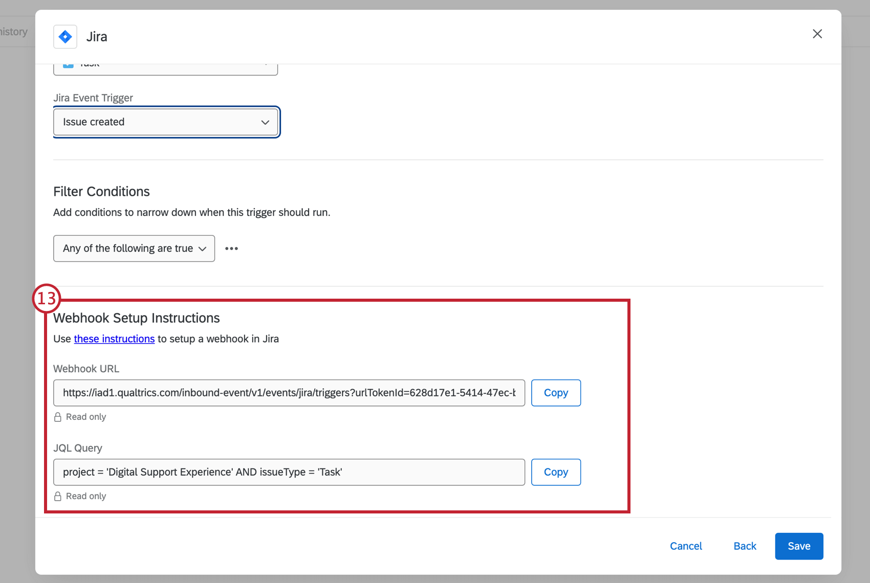 Copy webhook URL and JQL Query strings to send to Jira administrator