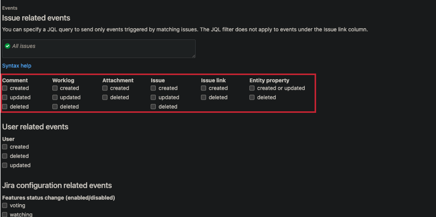 Select which issue related events pertain to the Jira event in qualtrics.