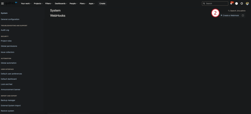 Botón para crear un webhook en el menú de administrador de Jira