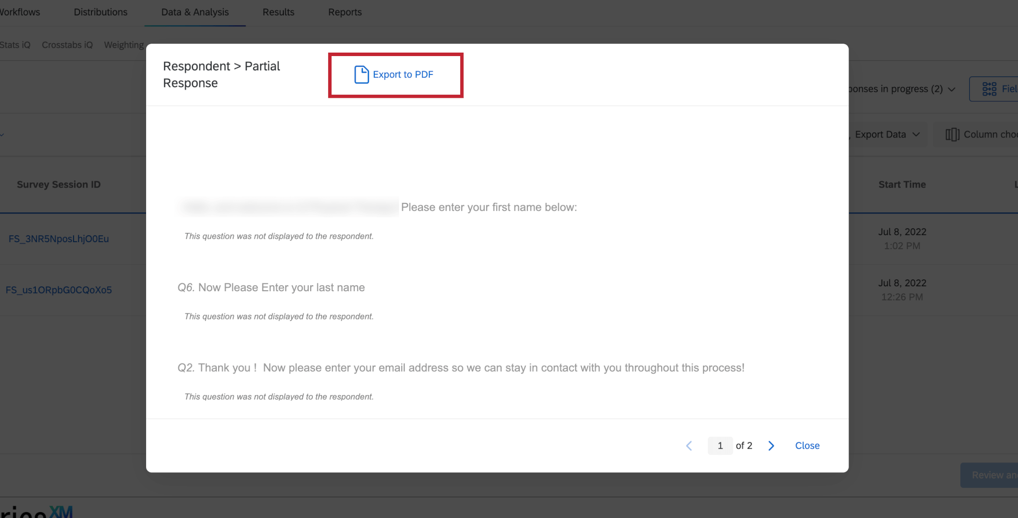 Una respuesta en progreso está abierta, con Exportar a PDF resaltado