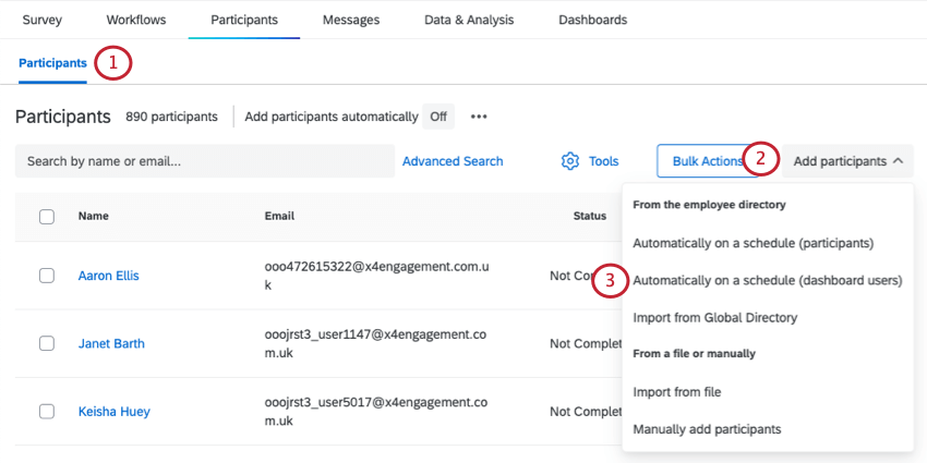 Participants tab of Lifecycle project and the options that appear under the add participants dropdown