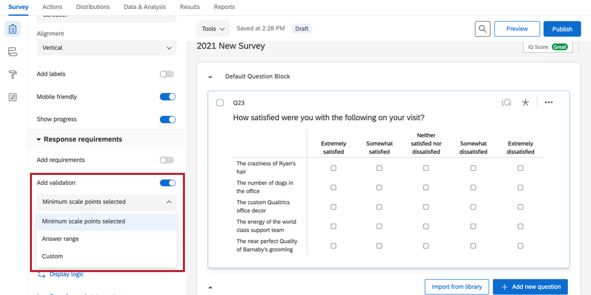 les options de validation de lajout dun likert