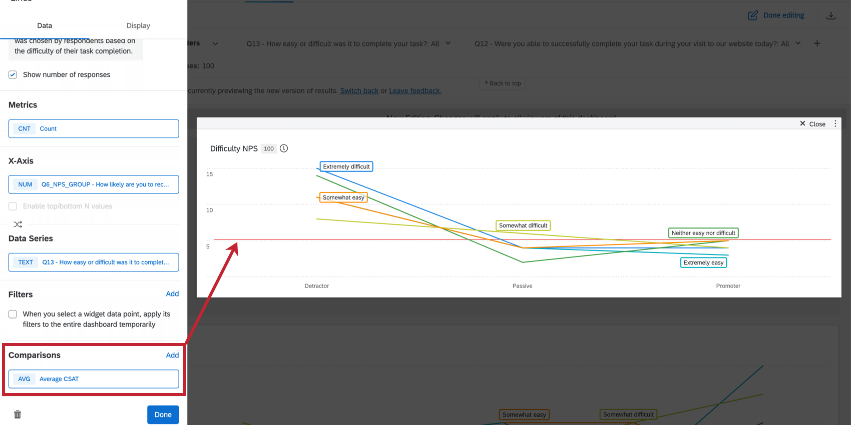 Linha de comparações em um widget diagrama de linhas.