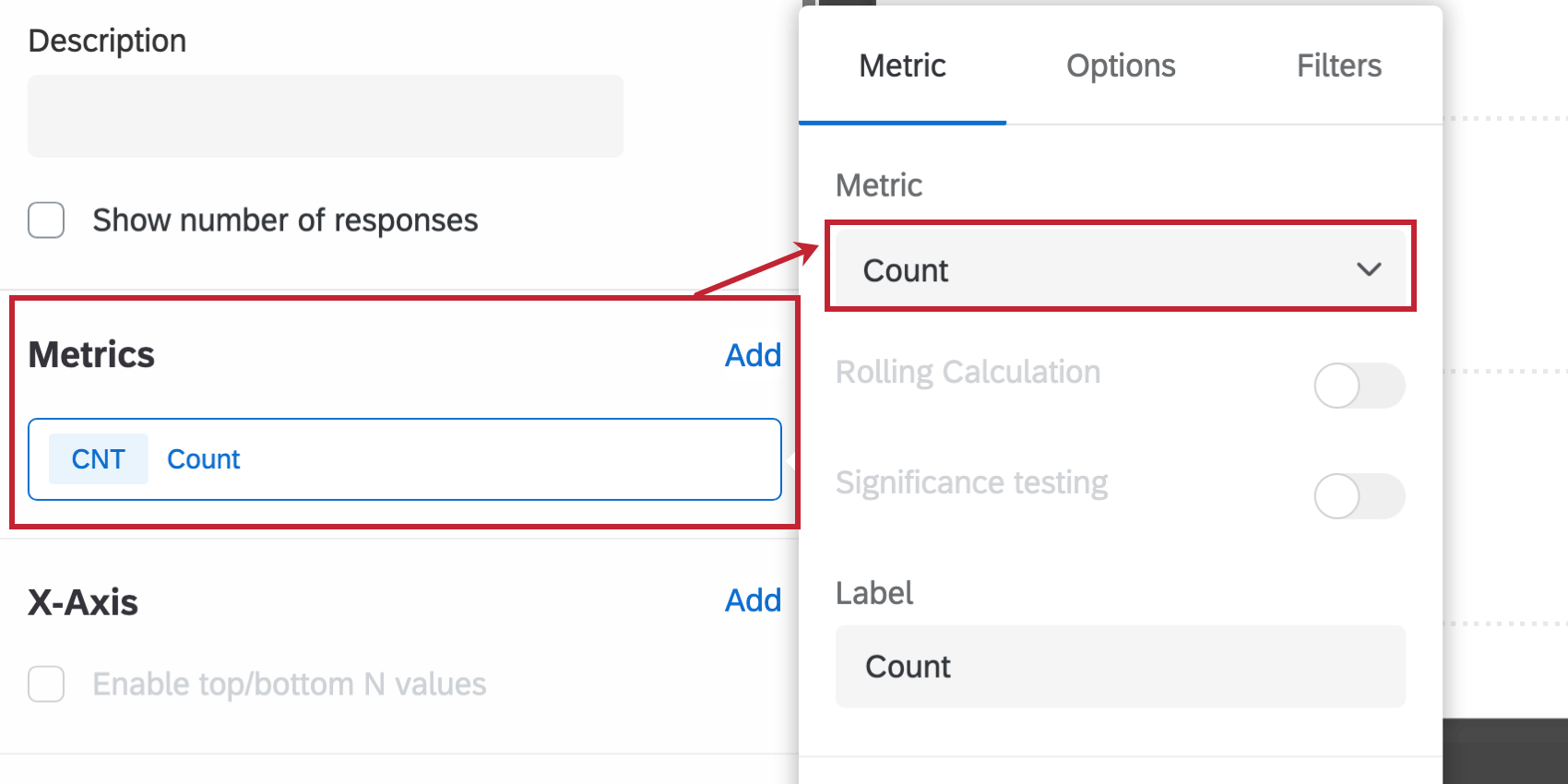 Shows the metrics dropdown highlighting the count field.