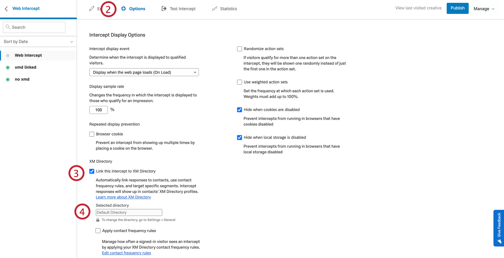 the intercept options tab. the link to xm directory option is enabled and the default directory is selected
