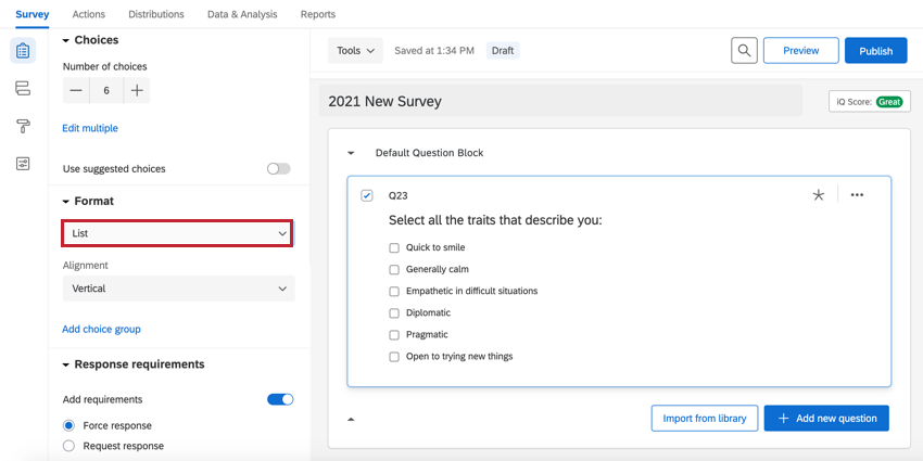 loption de liste activée dans une question à choix multiple